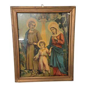 Vintage Religious Framed Lithograph Holy Family With Gold Tone Wood Frame